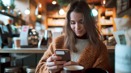 A young woman in a cozy sweater enjoys her time at a coffee shop, browsing her smartphone with a steaming cup of coffee on the table - Generative AI - Powered by Adobe