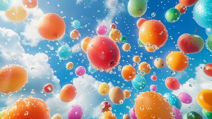 A fruit balloon festival, colorful orbs floating in a clear sky - obrazy, fototapety, plakaty