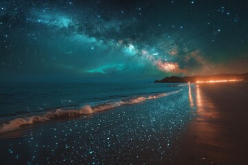 A beautiful night sky with a beach in the background