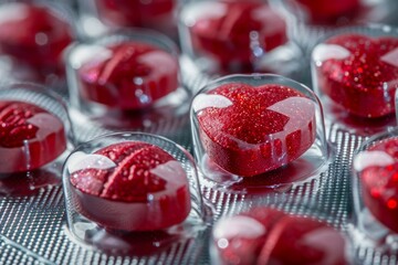Tablet or pill in the shape of a heart. Backdrop with selective focus