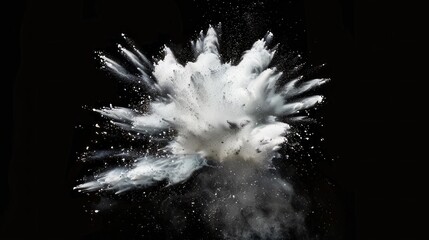 White chalk explosion in a black room. White chalk explosion. Explosion of white dust in a black room. - obrazy, fototapety, plakaty