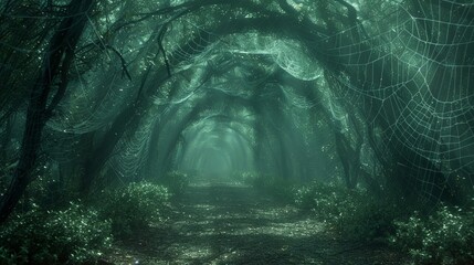 A forbidden forest path, marked by webs that whisper secrets to those ensnared - obrazy, fototapety, plakaty