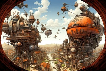 A view of a steampunk cityscape with air ships seen through a round window. Generative AI