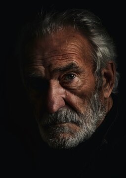 A compelling image of a mature man with a stern expression and detailed facial features accentuated by the dramatic lighting. 