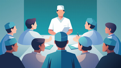 A group of young surgical fellows gather around a seasoned surgeon intently listening and observing as he shares his expertise and insights