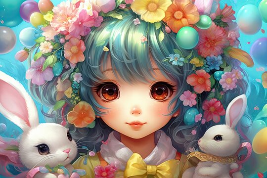 لوحة تصور فتاة أنمي من بلاد العجائب ذات شعر أزرق تقف وسط مجموعة من الأرانب. الذكاء الاصطناعي التوليدي
