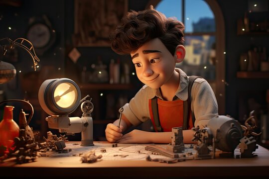 A young boy is attentively looking at a lamp in a scene from the animated movie Wreck. Generative AI