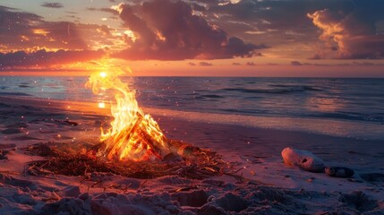bonfire in the middle of a beach on a sunset