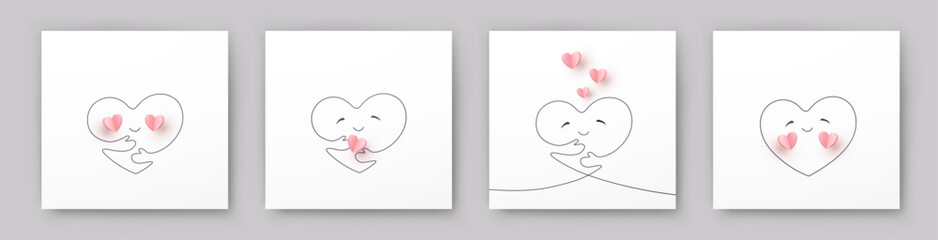Heart with hands continuous one line contours on white backgrounds. Hug yourself and 3d paper pink signs. Vector symbols of love for Happy Children's, Mother's, Valentine's Day greeting card design