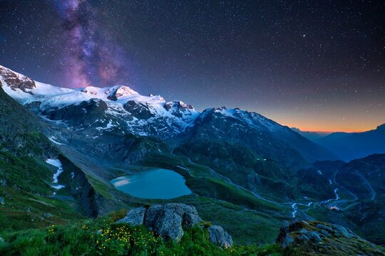 Starry sky with milky way at Sustenpass, Steisee and Gadmental, Canton Bern, Switzerland, Europe