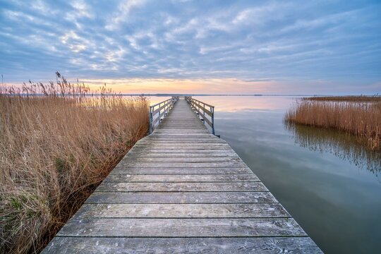Bathing area with jetty at Bodstedter Bodden at sunrise, Western Pomerania Lagoon National Park, Darsser Ort, Fischland-Darss-Zingst peninsula, Mecklenburg-Western Pomerania, Germany, Europe