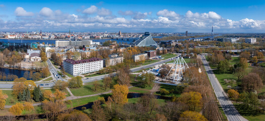 Aerial view of the Riga, Latvia. Beautiful summer day over Riga with old town in the background. Capital of Latvia.