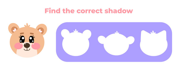 Find the correct shadow. Matching education game for kids. Choose correct answer. Cute kawaii bear face animal