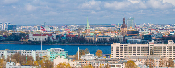 Obraz premium Aerial view of the Riga, Latvia. Beautiful summer day over Riga with old town in the background. Capital of Latvia.