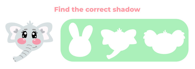 Find the correct shadow of funny characters elephant face animal. Choose correct answer. Matching game. Cute kawaii vector illustration isolated on white background. Educational game for kids
