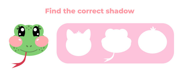 Find the correct shadow of kawaii characters snake face animal. Choose correct answer. Matching game. Cute kawaii vector illustration isolated on white background. Educational game for kids, children