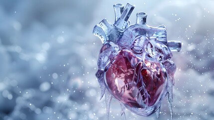 Realistic Heart Enshrouded in Icy Crystals with a Sparkling Bokeh Background