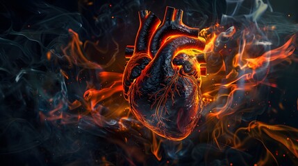 Fiery Human Heart Engulfed in Flames, Conveying Intense Passion and the Power of Life - obrazy, fototapety, plakaty