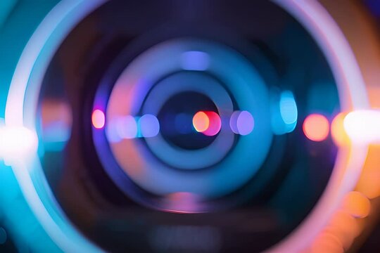 Vibrant camera lens flares in motion. Close-up of a camera lens with colorful light reflections and dynamic blur effects