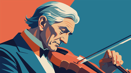 A handdrawn sketch showing an older man with a determined expression practicing diligently on his violin. In the background faint memories of