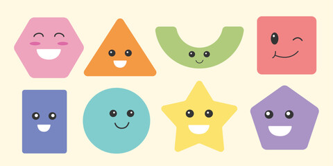 Cute geometric shape characters. Colorful, fun, playful illustrations for kids. Basic shapes with happy smiling faces. 