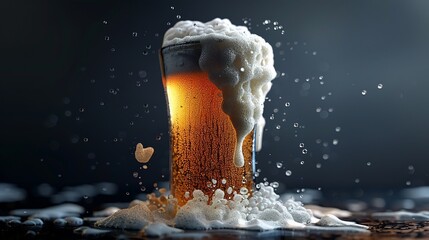 3D beer glass with overflowing foam - obrazy, fototapety, plakaty