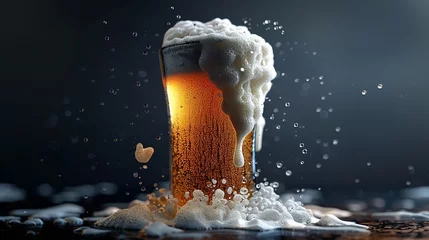 Foto op Aluminium 3D beer glass with overflowing foam © Seksan