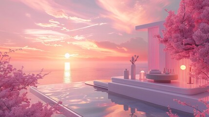 3D beauty display in sunset pastel scene