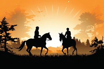 Illustration of a couple of people riding on the backs of horses against a neutral background. Generative AI