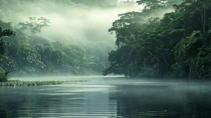 Amazon river in the middle of the forest with fog in Latin America, Colombia, Venezuela, Brazil, Ecuador. in high resolution and high quality - obrazy, fototapety, plakaty