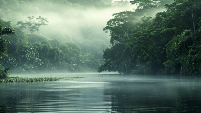 Amazon river in the middle of the forest with fog in Latin America, Colombia, Venezuela, Brazil, Ecuador. in high resolution and high quality