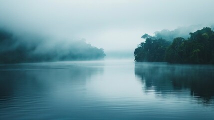 Fototapeta premium Amazon river in the middle of the forest with fog in Latin America, Colombia, Venezuela