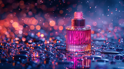 A bottle of perfume is sitting on a wet surface with a blurry background - obrazy, fototapety, plakaty