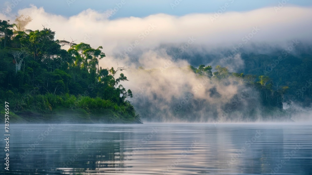 Wall mural amazon river in the middle of the forest with fog in latin america, colombia, venezuela, brazil, ecu