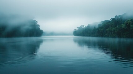 Amazon river in the middle of the forest with fog in Latin America, Colombia, Venezuela, Brazil, Ecuador. in high resolution and high quality. concept landscape, vacation, travel, disconnection