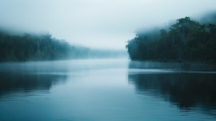 Amazon river in the middle of the forest with fog in Latin America, Colombia, Venezuela, Brazil, Ecuador. in high resolution and high quality. concept landscape, vacation, travel, disconnection, river - obrazy, fototapety, plakaty