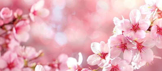 Fototapeta na wymiar Background featuring a border of spring with blossoms in pink