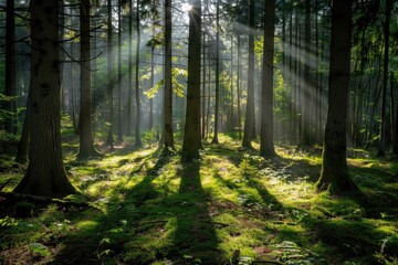 Fototapeta na wymiar sunbeams coming through the trees in woods