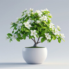 An ornamental white plumeria plant with lush flowers in full bloom, contained in a modern white pot.