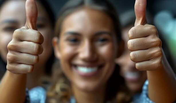 A woman is gesturing a thumbs up sign with her hand, expressing approval or positivity