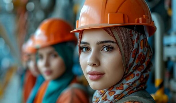 A woman is shown wearing a hard hat and scarf outdoors