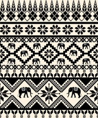 Black cross stitch with geometric pattern and elephant on vintage yellow background.
