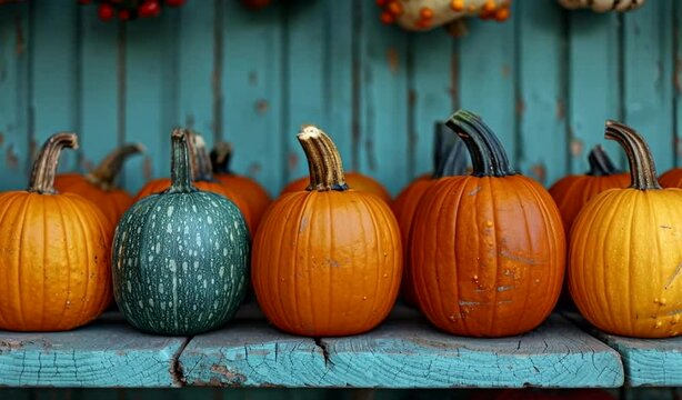 A row of pumpkins is neatly arranged on a wooden shelf, showcasing their vibrant colors and varying sizes