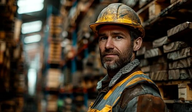 A man wearing a hard hat is working in a warehouse, navigating through shelves and equipment