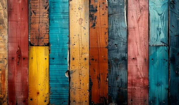 Detailed view of a vibrant wooden fence showcasing a variety of colorful hues and textures up close