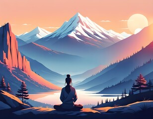 Asian Buddhist man practicing yoga meditation on mountains sunrise	
