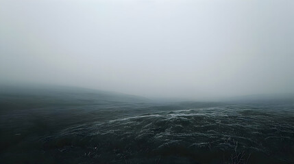 An early morning fog settling over a highland moor, panoramic shot to capture the vastness and...