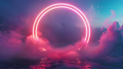 Neon Circle Frame in the Sky, Futuristic Background.
