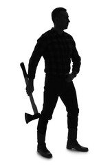 Silhouette of mature man with axe on white background