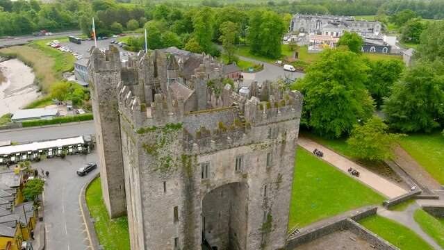 Bunratty Castle, aerial orbit view of the large 15th-century tower house in County Clare, located in the center of Bunratty village, between Limerick and Ennis, Ireland.